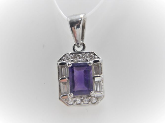 Rhodium plated 925 sterling silver pendant with natural Amethyst & white topaz Approx size  12.2mm x 10mm Matching ring & earrings available