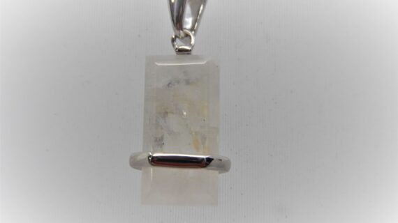 Rhodium plated 925 sterling silver with natural Rainbow moonstone Approx size  17mm x 7mm Matching earrings & ring available