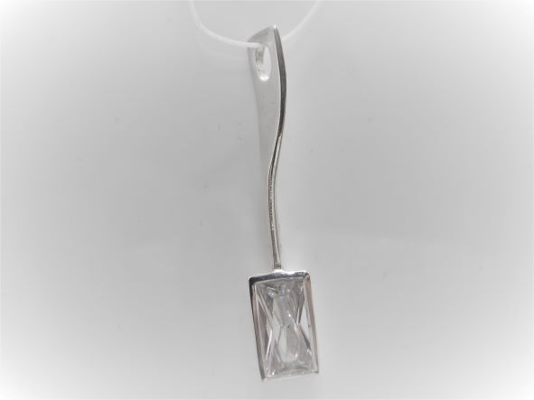 Rhodium plated 925 sterling silver pendant set with one white cubic zirconia  Approx size  44.5mm x 7.5mm