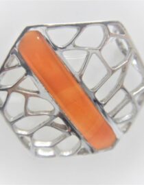Rhodium plated 925 sterling silver hexagonal pendant with natural Carnelian 27.5mm diam