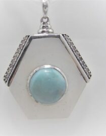 Rhodium plated 925 sterling silver pendant with white Mother of Pearl natural Larimar & cubic zirconia Approx size  26.5mm x 24mm