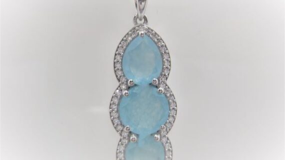 Rhodium plated 925 sterling silver pendant with natural Aqua Chalcedony & cubic zirconia Approx size  32mm x 12mm