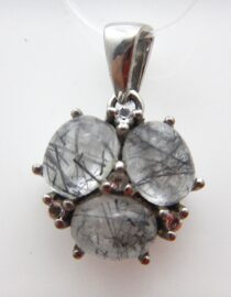 Rhodium plated 925 sterling silver pendant set with natural Rutile quartz & white topaz DIAM 14.25 MM