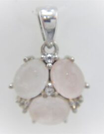Rhodium plated 925 sterling silver pendant with 3 Rose quartz & white topaz Approx size  14mm diam Matching ring & earrings available