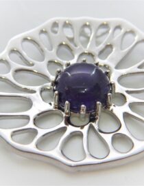 Rhodium plated 925 sterling silver pendant set with natural Amethyst  DIAM  36.4 MM