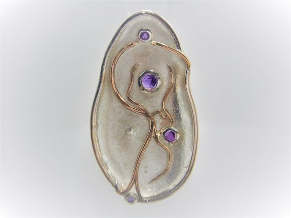 Rhodium plated 925 sterling silver pendant with gold plating set with natural Amethyst 39.6 X 22.45 MM