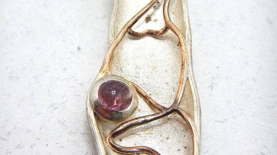 Rhodium plated 925 sterling silver pendant with gold plating set with natural pink tourmaline & freshwater pearl 48.25 X 15.5 MM