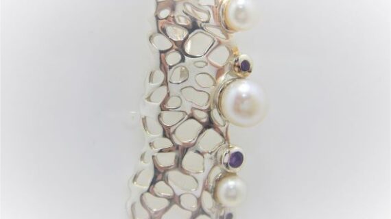 Rhodium plated 925 sterling silver pendant with gold plating set with freshwater pearl & natural Amethyst 40.25 X  15.5 MM