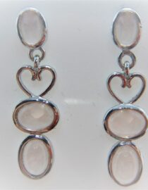 Rhodium plated 925 sterling silver earrings set with natural rose quartz Approx size  31mm long Matching pendant available