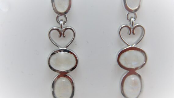 Rhodium plated 925 sterling silver earrings set with natural Rainbow moonstone Approx size   31mm long Matching pendant available