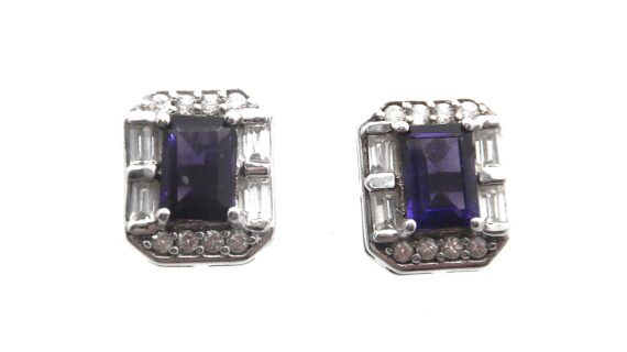 Rhodium plated 925 sterling silver earrings set with natural Amethyst & Zircon 12.3 X 10 MM
