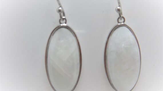 Rhodium plated 925 sterling silver earrings set with natural Rainbow moonstone  38.2 X 12.15MM
