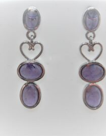 Rhodium plated 925 sterling silver earrings set with natural Amethyst Approx size  31mm long Matching pendant available