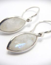 Rhodium plated 925 sterling silver earrings set with natural faceted Rainbow moonstone  Approx size  20mm x 10mm