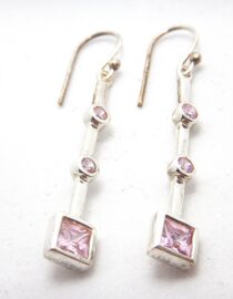 Rhodium plated 925 sterling silver earrings set with Pink CUBIC ZIRCONIA Approx size 52mm long