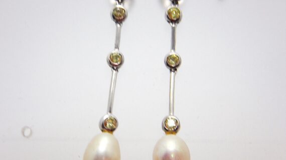 Rhodium plated 925 sterling silver stud earrings set with synthetic citrine & natural freshwater pearls  Approx size  43mm long