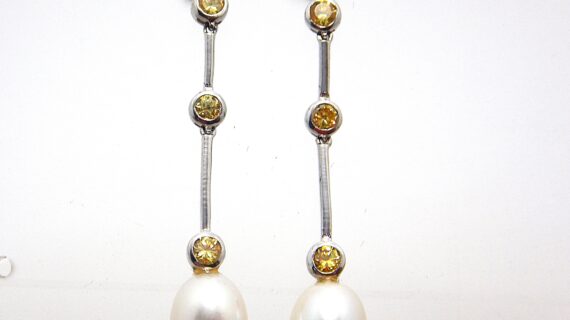 Rhodium plated 925 sterling silver stud earrings set with synthetic lemon quartz & natural freshwater pearls Approx size 43mm long