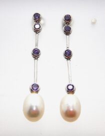 Rhodium plated 925 sterling silver stud earrings set with synthetic Amethyst  & natural freshwater pearls Approx size  43mm long
