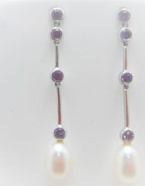 Rhodium plated 925 sterling silver stud earrings set with synthetic Amethyst  & natural freshwater pearls Approx size  43mm long