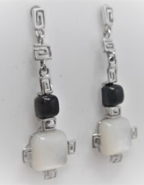 Rhodium plated 925 sterling silver earrings set wit natural Mother of pearl & black onyx Approx size  38mm long Matching pendant available