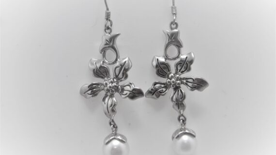 925 Sterling silver flower earrings with natural freshwater pearls Approx size  50mm long Matching necklace available