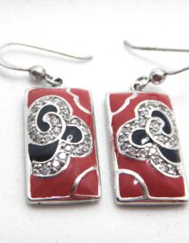 Rhodium plated 925 sterling silver earrings with red & black enamel set with CZ  35 X 12.2 MM