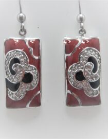 Rhodium plated 925 sterling silver earrings with red & black enamel set with CZ  35 X 12.2 MM