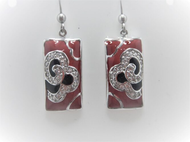 Rhodium plated 925 sterling silver earrings with red & black enamel set with CZ  35 X 12.2 MM