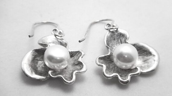 Rhodium plated 925 sterling silver earrings with mat & polish finish set with natural freshwater pearl  27.3 X 24.20 MM