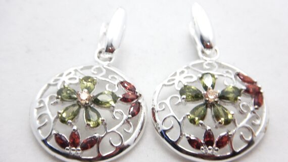 Rhodium plated 925 sterling silver earrings set with Red & Green CUBIC ZIRCONIA Approx 23mm diam