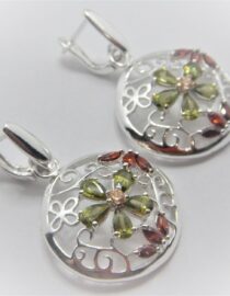 Rhodium plated 925 sterling silver earrings set with Red & Green CUBIC ZIRCONIA Approx 23mm diam