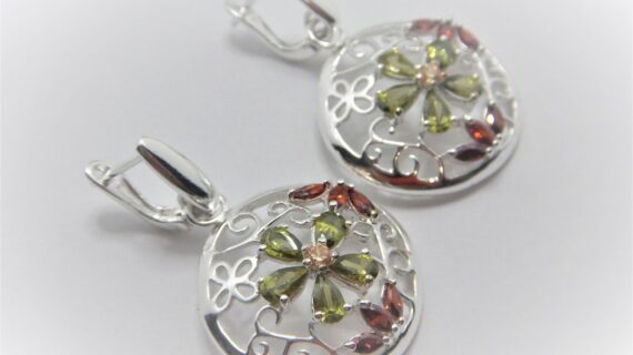 Rhodium plated 925 sterling silver earrings set with Red & Green CUBIC ZIRCONIA Approx 23mm diam