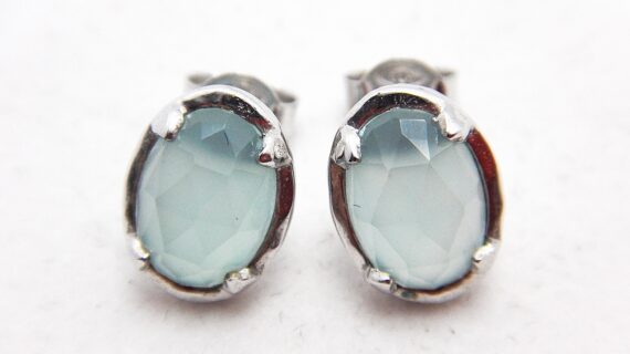 Rhodium plated 925 sterling silver oval stud earrings set with natural Chalcedony Approx size 12.2mm x 9.3mm