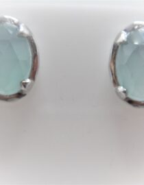 Rhodium plated 925 sterling silver oval stud earrings set with natural Chalcedony Approx size 12.2mm x 9.3mm