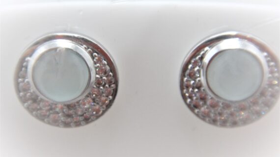Rhodium plated 925 sterling silver stud earrings set with cubic zirconia & natural aqua chalcedony Approx size  12mm diam