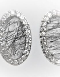 Rhodium plated 925 sterling silver earrings set with CZ & natural rutile quartz 9.7 X 15.6MM