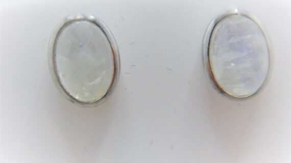 Rhodium plated 925 sterling silver oval stud set with natural Rainbow moonstone  11.6 X 8.8 MM