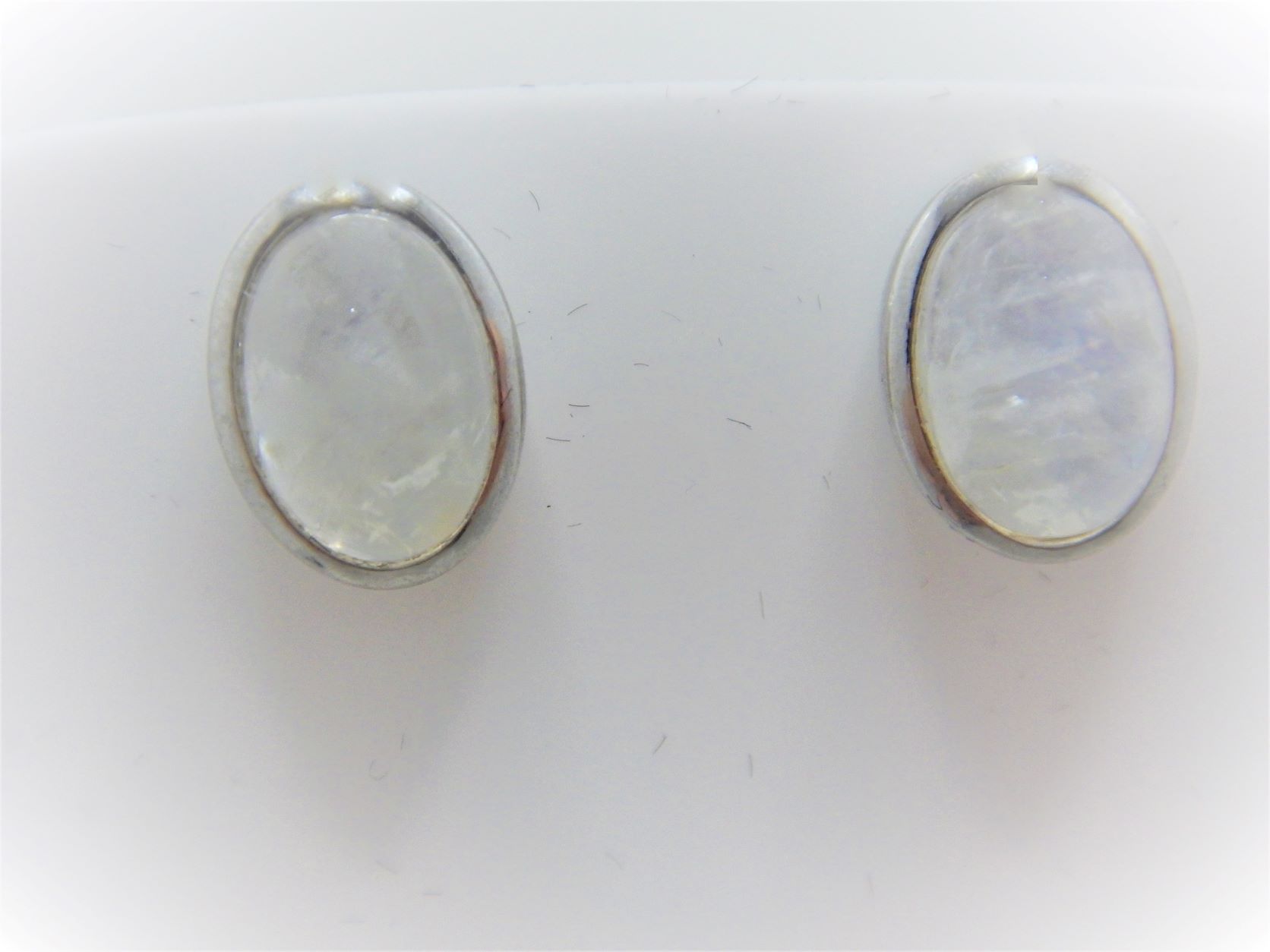 Rhodium plated 925 sterling silver oval stud set with natural Rainbow moonstone  11.6 X 8.8 MM
