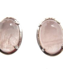 Rhodium plated 925 sterling silver oval studs set with natural Rose quartz  9mm x 11.6mm