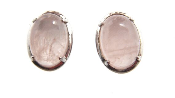 Rhodium plated 925 sterling silver oval studs set with natural Rose quartz  9mm x 11.6mm