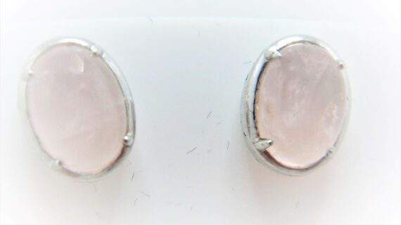 Rhodium plated 925 sterling silver oval studs set with natural Rose quartz  9mm x 11.6mm