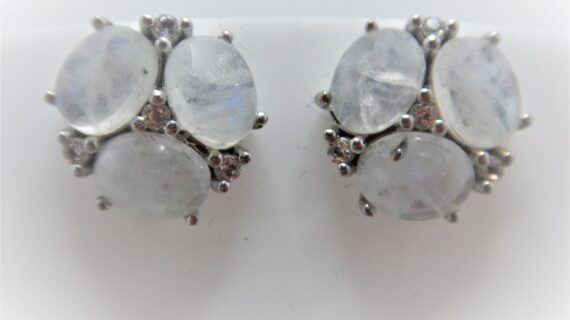 Rhodium plated 925 sterling silver stud earrings set with natural Rainbow moonstone & white Topaz Approx size  14.3mm diam