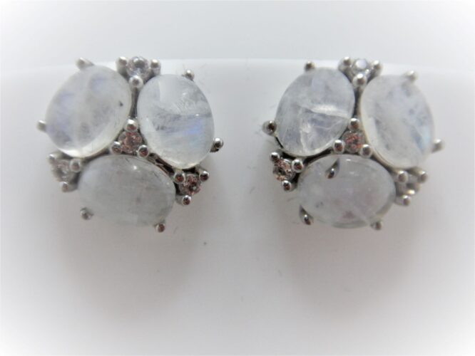 Rhodium plated 925 sterling silver stud earrings set with natural Rainbow moonstone & white Topaz Approx size  14.3mm diam