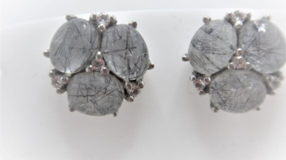 Rhodium plated 925 sterling silver stud earrings set with natural Rutile quartz & white Topaz Approx size  14.3mm diam