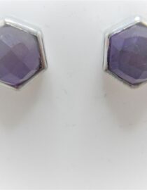 Rhodium plated 925 sterling silver hexagon stud earrings set with natural Amethyst Approx size  9.9mm diam