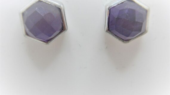 Rhodium plated 925 sterling silver hexagon stud earrings set with natural Amethyst Approx size  9.9mm diam