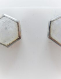 Rhodium plated 925 sterling silver octagonal studs set with natural Rainbow moonstone 10 MM