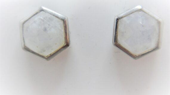 Rhodium plated 925 sterling silver octagonal studs set with natural Rainbow moonstone 10 MM