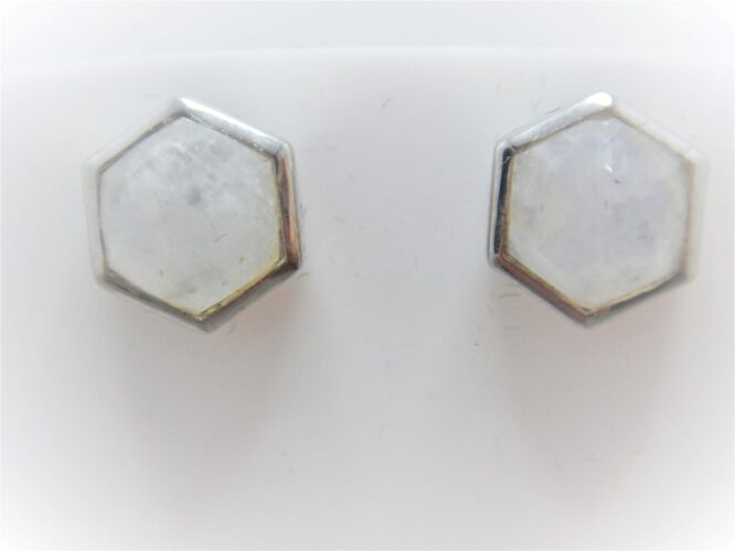 Rhodium plated 925 sterling silver octagonal studs set with natural Rainbow moonstone 10 MM