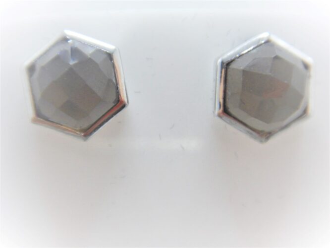 Rhodium plated 925 sterling silver octagonal studs set with natural smoky quartz DIAM 10 MM